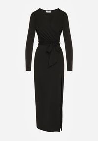 Renee - Czarna Sukienka z Wiskozą o Kopertowym Kroju z Rozcięciem i Wiązanym Paskiem Tesela. Okazja: na co dzień. Kolor: czarny. Materiał: wiskoza. Typ sukienki: kopertowe. Styl: casual #4