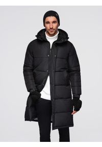 Ombre Clothing - Pikowana długa męska kurtka z odpinanym kapturem – czarna V1. Typ kołnierza: kaptur. Kolor: czarny. Materiał: poliester, tkanina, puch, materiał, syntetyk, guma. Długość: długie. Wzór: ze splotem, aplikacja, gładki #1