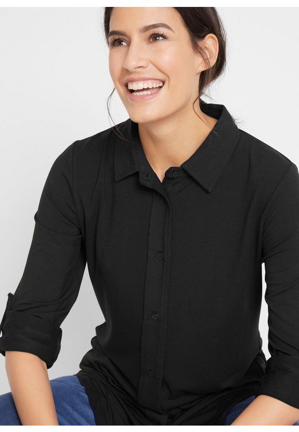 bonprix - Bluzka z dżerseju, długa. Kolor: czarny. Materiał: jersey. Długość: długie