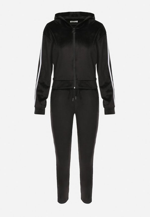 Born2be - Czarny Welurowy Komplet Dresowy 2-Częściowy z Lampasami Bluza i Spodnie Atiriv. Kolor: czarny. Materiał: dresówka, welur
