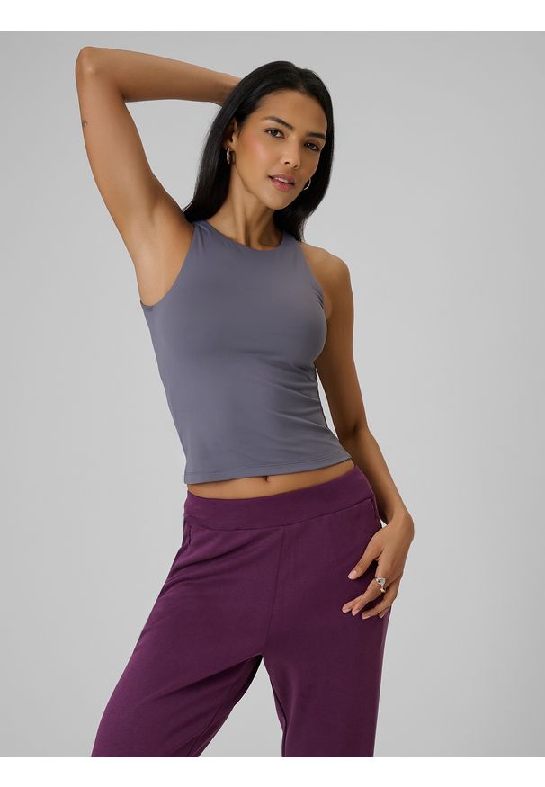 4f - 4F Koszulka bez rękawów slim gładka damska - szara L. Kolor: szary. Materiał: materiał, dzianina. Długość rękawa: bez rękawów. Wzór: gładki