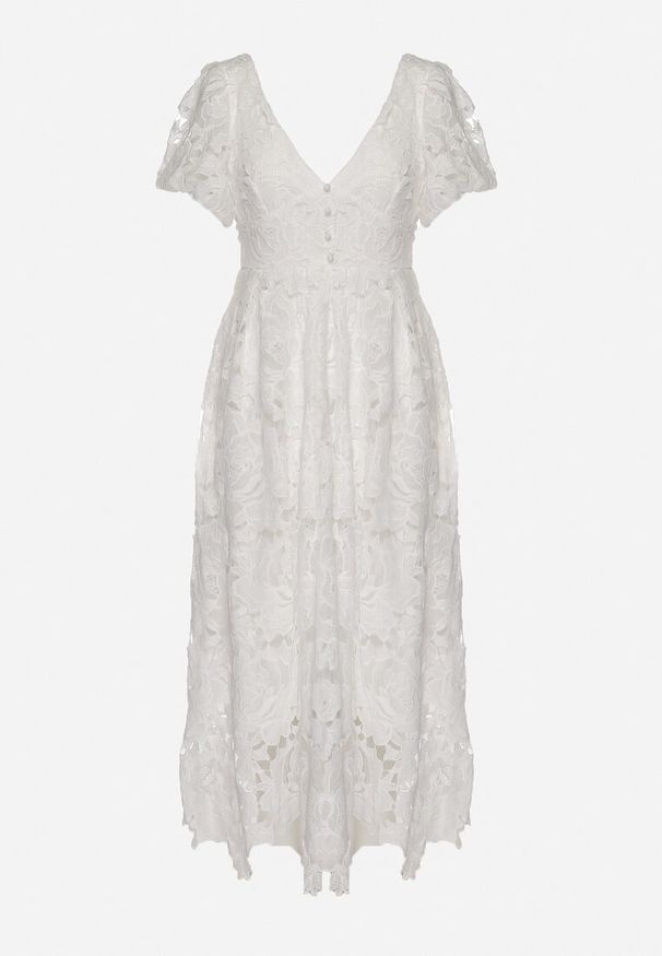 Born2be - Biała Sukienka Koronkowa z Krótkim Bufiastym Rękawem Ulessa. Okazja: na imprezę. Kolor: biały. Materiał: koronka