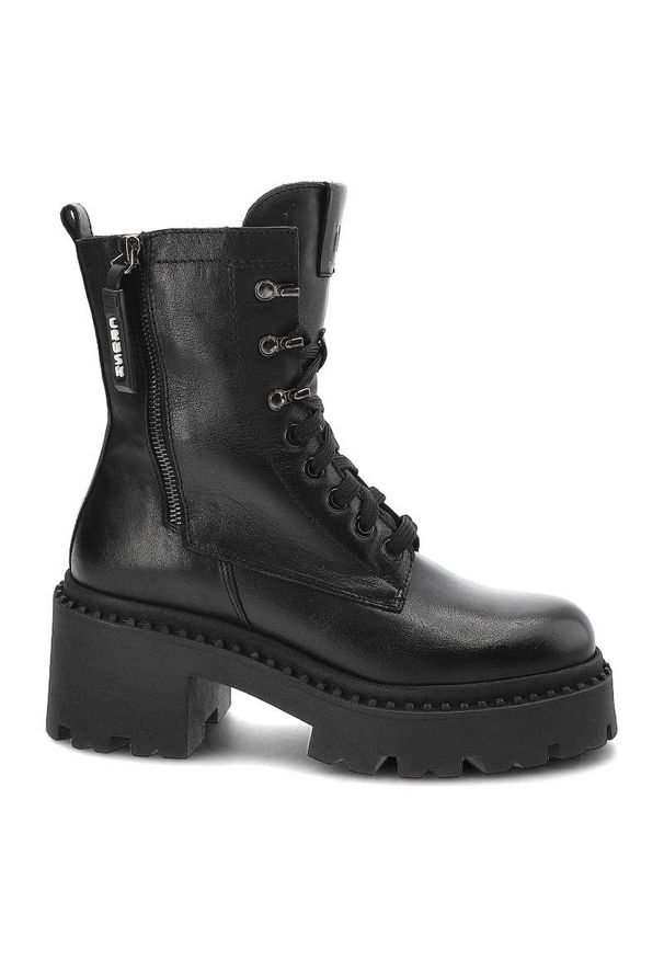 Czarne Botki Nessi Skórzane Buty Damskie. Zapięcie: sznurówki. Kolor: czarny. Materiał: skóra. Styl: elegancki