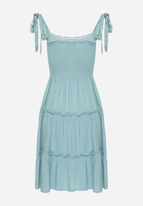Born2be - Jasnoniebieska Rozkloszowana Sukienka z Wiskozą na Wiązanych Ramiączkach Aralisse. Okazja: na co dzień. Typ kołnierza: dekolt kwadratowy. Kolor: niebieski. Materiał: wiskoza. Długość rękawa: na ramiączkach. Typ sukienki: rozkloszowane. Styl: casual, klasyczny