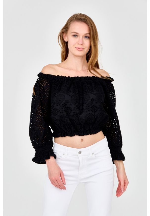 Guess - GUESS Damski czarny crop top, Rozmiar S. Kolor: czarny. Materiał: bawełna