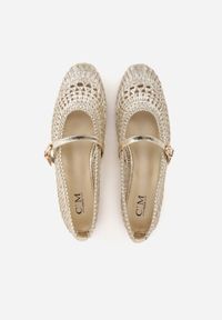 Born2be - Złote Szydełkowe Balerinki z Paskiem z Klamerką Uroinne. Okazja: na spacer, na co dzień. Zapięcie: pasek. Kolor: złoty. Materiał: jeans. Styl: casual, klasyczny #7