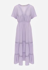 Renee - Fioletowa Rozkloszowana Sukienka Maxi z Gumką w Talii i Koronkowym Dekoltem Cheteia. Kolor: fioletowy. Materiał: koronka. Sezon: wiosna, lato. Długość: maxi #3