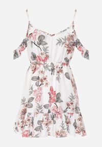 Born2be - Biała Rozkloszowana Sukienka Mini z Falbankami Soulis. Typ kołnierza: kołnierz z falbankami. Kolor: biały. Długość rękawa: na ramiączkach. Wzór: kwiaty. Typ sukienki: rozkloszowane, kopertowe. Długość: mini #6