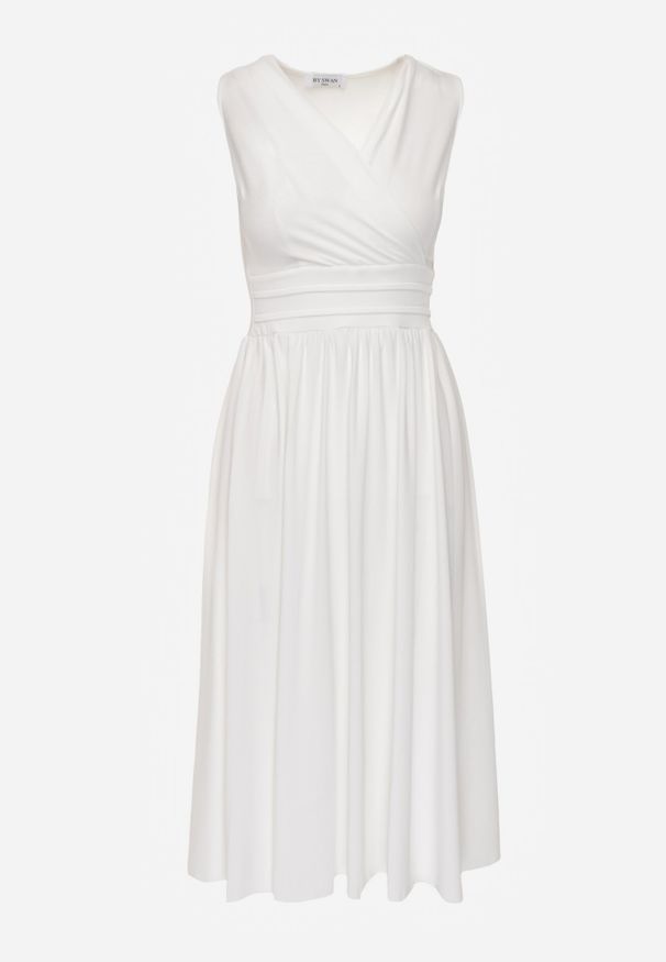 Born2be - Biała Sukienka Midi Bez Rękawów z Plisowanym Dołem Dreana. Kolor: biały. Długość rękawa: bez rękawów. Styl: elegancki. Długość: midi