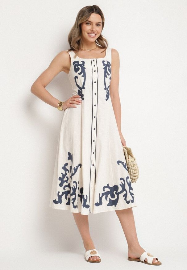 Born2be - Beżowa Sukienka z Bawełny Ozdobiona Haftami i Guzikami Milarietta. Okazja: na co dzień. Kolor: beżowy. Materiał: bawełna. Wzór: haft, aplikacja. Sezon: wiosna, lato. Typ sukienki: proste. Styl: klasyczny, casual, elegancki