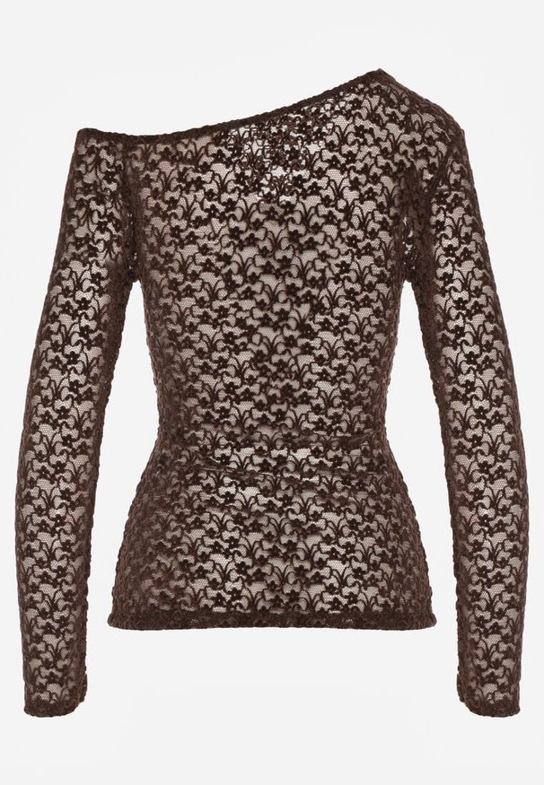 Renee - Brązowa Bluzka Longsleeve z Koronki z Asymetrycznym Dekoltem Liwedisa. Okazja: na imprezę, na randkę. Kolor: brązowy. Materiał: koronka. Długość rękawa: długi rękaw. Długość: długie. Wzór: koronka