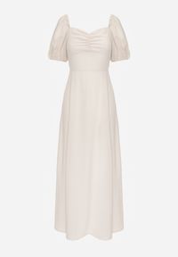 Renee - Beżowa Sukienka Wieczorowa z Hiszpańskim Dekoltem i Rozcięciem Vikiya. Kolor: beżowy. Materiał: materiał. Wzór: aplikacja. Styl: wizytowy #4