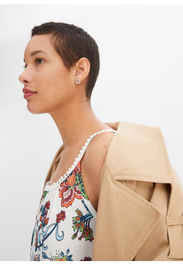 bonprix - Top na cienkich ramiączkach. Kolor: biały. Materiał: koronka. Długość rękawa: na ramiączkach. Wzór: aplikacja, koronka, kwiaty