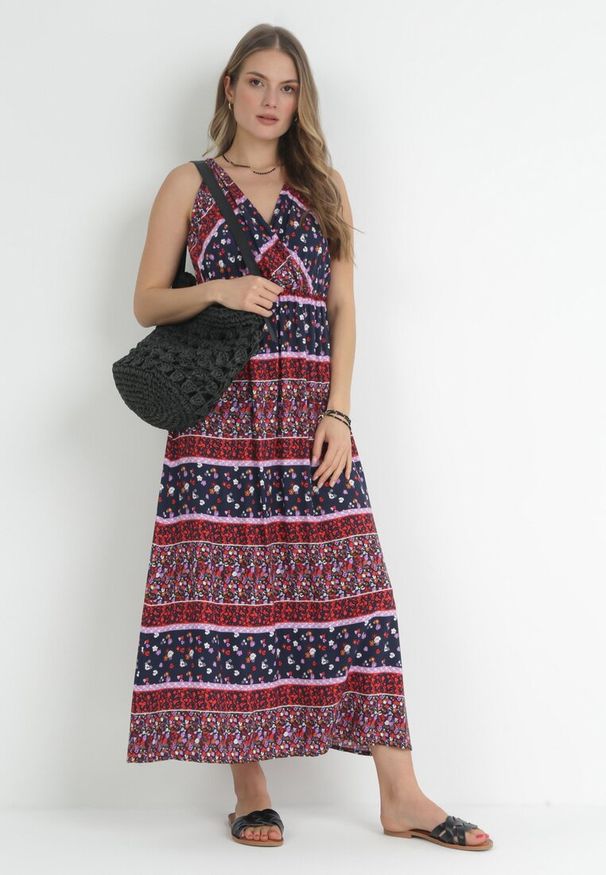 Born2be - Granatowo-Różowa Sukienka Maxi z Wiskozy w Fantazyjny Wzór Wellilne. Kolor: niebieski. Materiał: wiskoza. Sezon: lato. Długość: maxi