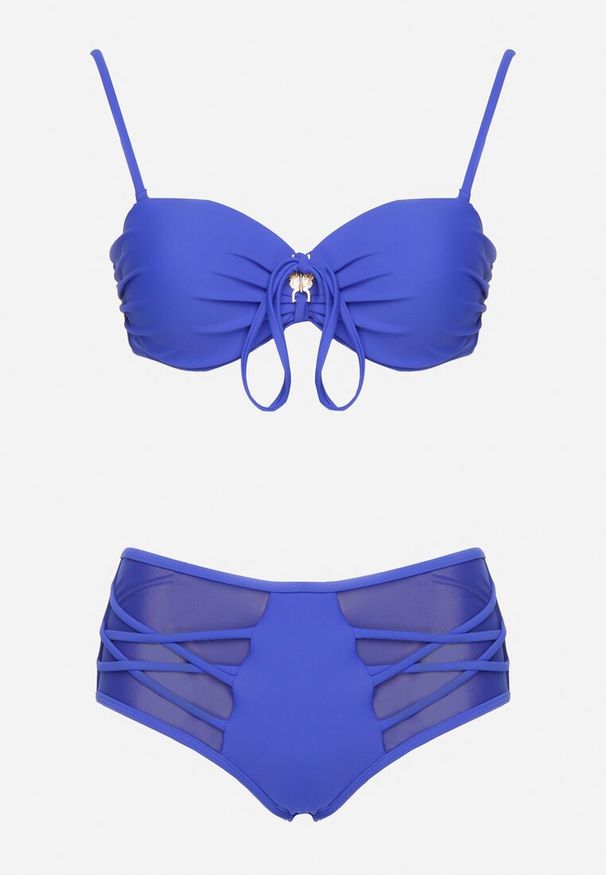Born2be - Niebieskie Bikini Biustonosz i Majtki Figi z Wysokim Stanem Zdobione Siateczką Kinetia. Stan: podwyższony. Kolor: niebieski. Wzór: aplikacja
