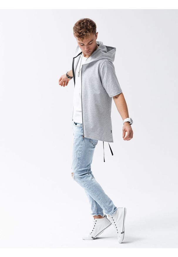 Ombre Clothing - Bluza męska rozpinana z krótkim rękawem B960 - szara - XL. Typ kołnierza: kaptur. Kolor: szary. Materiał: dzianina, bawełna, poliester. Długość rękawa: krótki rękaw. Długość: krótkie. Wzór: gładki