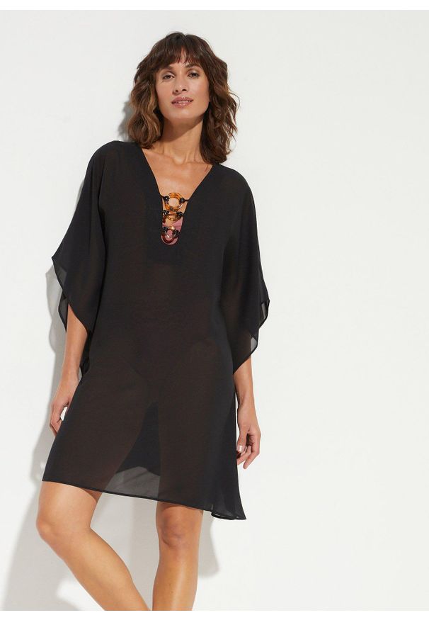 bonprix - Tunika plażowa ze zwiewnego szyfonu. Okazja: na plażę. Kolor: czarny. Materiał: szyfon. Styl: elegancki