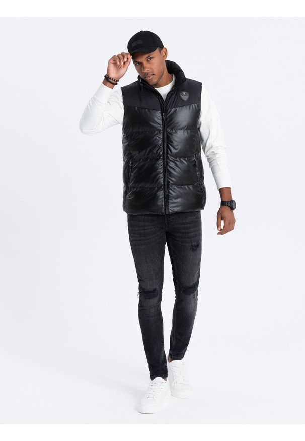 Ombre Clothing - Pikowany męski bezrękawnik z łączonych strukturalnych materiałów – czarny V1 OM-JAVJ-0113 - S/M. Kolor: czarny. Materiał: materiał. Długość rękawa: bez rękawów. Długość: długie