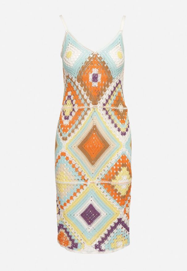 Born2be - Żółta Wzorzysta Sukienka Midi z Szydełkowej Bawełny na Cienkich Ramiączkach Juliesa. Kolor: żółty. Materiał: bawełna. Długość rękawa: na ramiączkach. Wzór: geometria. Sezon: wiosna, lato. Długość: midi