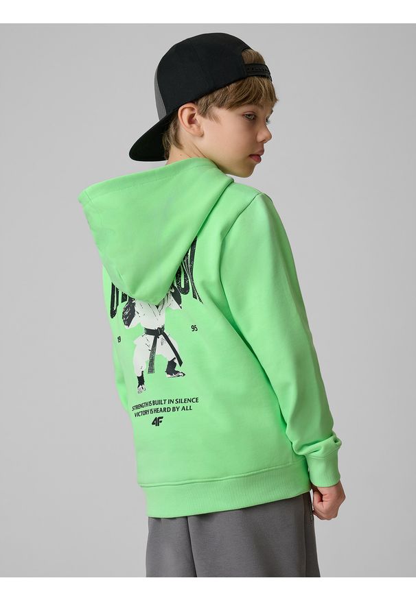 4f - 4F Bluza dresowa regular z kapturem chłopięca - zielona 128 (7-8 lat). Okazja: na spacer, na co dzień, na uczelnię. Typ kołnierza: kaptur. Kolor: zielony. Materiał: dresówka. Sezon: lato. Styl: casual