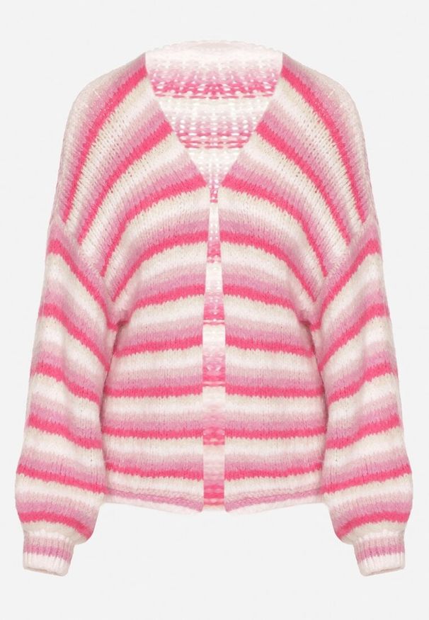 Born2be - Fuksjowy Kardigan z Wiskozą i Wełną w Paski Quessae. Kolor: różowy. Materiał: wiskoza, wełna. Wzór: paski. Styl: elegancki