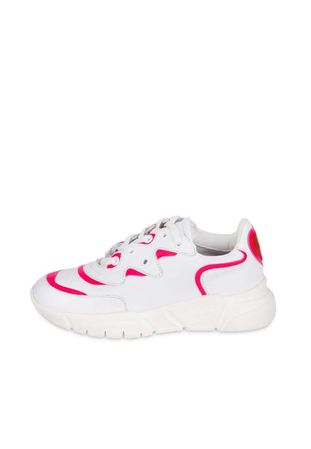 MOSCHINO - Białe sneakersy z neonowymi wstawkami. Kolor: biały. Materiał: guma. Szerokość cholewki: normalna. Wzór: aplikacja. Sezon: wiosna