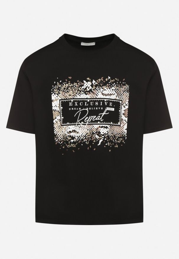 Born2be - Czarny Bawełniany T-shirt Ozdobiony Nadrukiem Nartzedi. Okazja: na co dzień. Kolor: czarny. Materiał: bawełna. Wzór: aplikacja, nadruk. Styl: casual