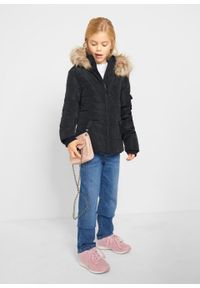 Kurtka zimowa dziewczęca z zaznaczoną talią i sztucznym futerkiem bonprix czarny. Kolor: czarny. Materiał: materiał, poliester, futro, akryl. Sezon: zima #2