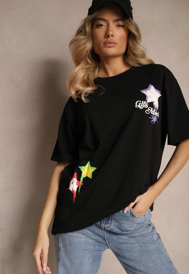 Renee - Czarny T-shirt z Bawełną i Ozdobnym Nadrukiem Sovreti. Okazja: na co dzień. Kolor: czarny. Materiał: bawełna. Wzór: nadruk. Styl: casual
