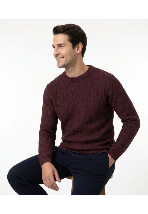 Męski Sweter z Dzianiny Bawełnianej (Knit) - Adriano Guinari - Bordowy. Kolor: czerwony. Materiał: bawełna. Wzór: ze splotem. Sezon: zima, jesień