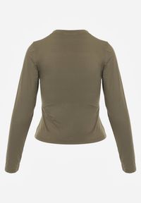 Renee - Ciemnozielona Dopasowana Bluzka Typu Longsleeve z Bawełną Moanti. Okazja: na co dzień. Kolor: beżowy. Materiał: bawełna. Długość rękawa: długi rękaw. Wzór: kropki. Styl: casual #4