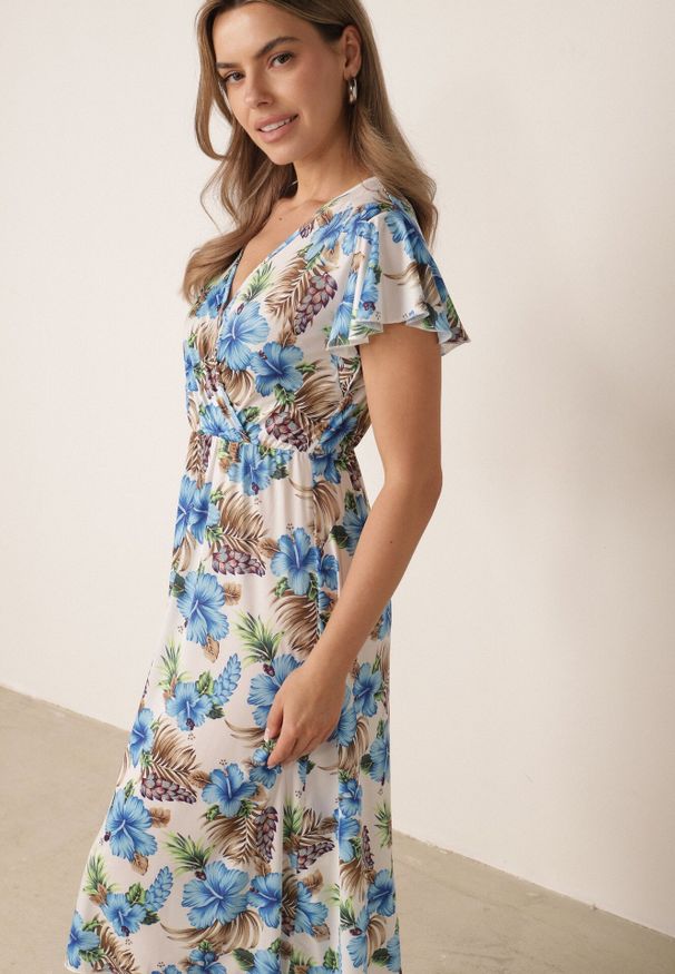 Born2be - Niebieska Sukienka z Wiskozą Gumką w Talii z Kopertowym Dekoltem w Kwiaty Gloroene. Okazja: na co dzień. Typ kołnierza: dekolt kopertowy. Kolekcja: moda ciążowa. Kolor: niebieski. Materiał: wiskoza. Wzór: kwiaty. Typ sukienki: kopertowe. Styl: elegancki, casual, klasyczny