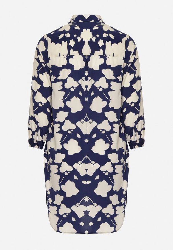 Born2be - Granatowa Sukienka Koszulowa z Abstrakcyjnym Wzorem i Podwijanymi Rękawami Grailuna. Kolekcja: plus size. Kolor: niebieski. Typ sukienki: koszulowe