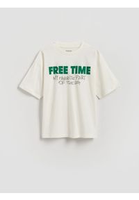 Reserved - T-shirt z nadrukiem - złamana biel. Materiał: dzianina, bawełna. Wzór: nadruk