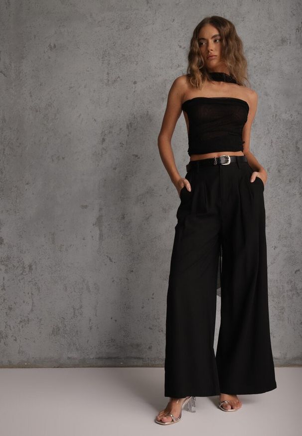 Renee - Czarne Garniturowe Spodnie Szerokie z Wiskozy z Paskiem Moun. Kolor: czarny. Materiał: wiskoza. Styl: elegancki