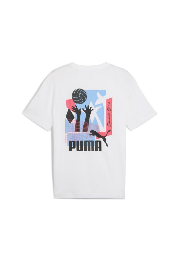 Puma - Męska koszulka sportowa Graphics Summer PUMA White. Kolor: biały. Materiał: guma. Wzór: nadruk. Sezon: lato. Sport: fitness