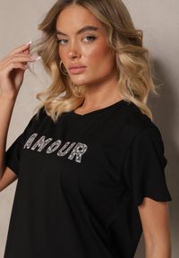 Renee - Czarny Bawełniany T-shirt z Napisem z Cekinami Marivinna. Okazja: na co dzień. Kolor: czarny. Materiał: bawełna. Wzór: napisy. Styl: klasyczny, casual, elegancki