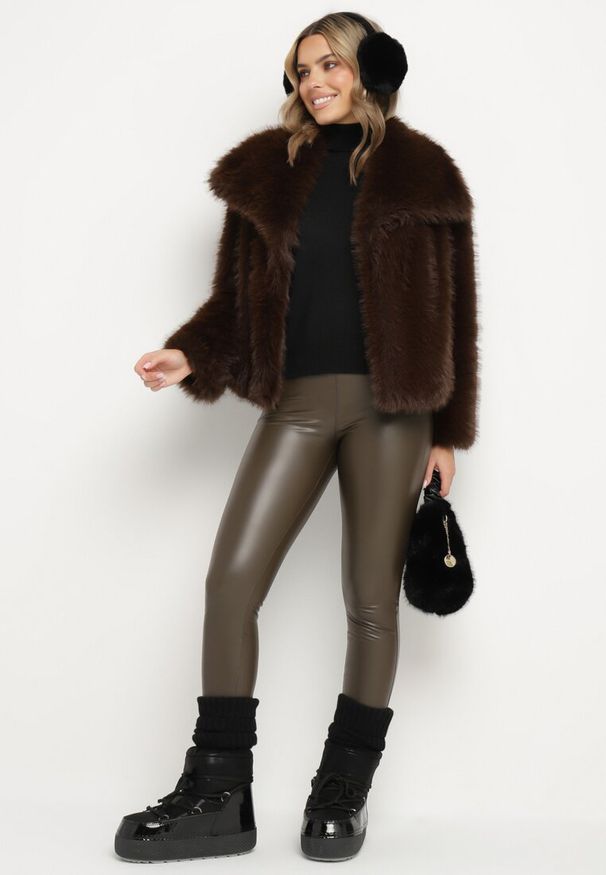 Born2be - Brązowe Ocieplane Legginsy z Ekoskóry z Wysokim Stanem Feliora. Okazja: na co dzień. Stan: podwyższony. Kolor: brązowy. Materiał: satyna. Styl: casual, elegancki, wizytowy