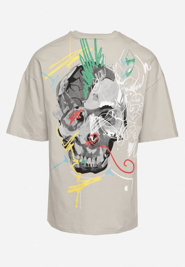 Born2be - Szara Koszulka z Krótkim Rękawem T-Shirt z Nadrukiem z Przodu i na Plecach Franestia. Okazja: na co dzień. Kolor: szary. Materiał: jeans. Długość rękawa: krótki rękaw. Długość: krótkie. Wzór: nadruk. Styl: casual, elegancki
