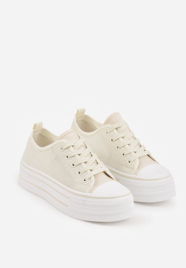 Renee - Beżowe Ażurowe Trampki na Platformie Irivana. Kolor: beżowy. Materiał: jeans, zamsz. Szerokość cholewki: normalna. Wzór: ażurowy. Obcas: na platformie. Styl: boho, sportowy