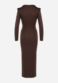 Born2be - Brązowa Elegancka Sukienka z Trenem i Rozcięciem Atissa. Okazja: na imprezę. Kolor: brązowy. Wzór: aplikacja. Styl: elegancki #6