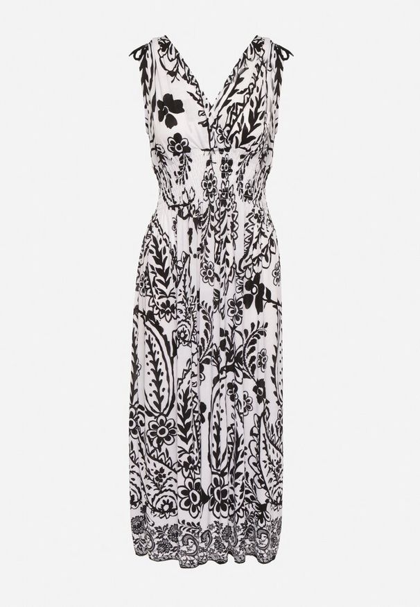 Born2be - Czarna Sukienka z Roślinnym Wzorem i Kopertowym Dekoltem z Gumką w Talii Orrune. Okazja: do pracy, na co dzień, na spotkanie biznesowe. Typ kołnierza: dekolt kopertowy. Kolor: czarny. Materiał: jeans. Sezon: lato. Typ sukienki: kopertowe. Styl: biznesowy, klasyczny, casual