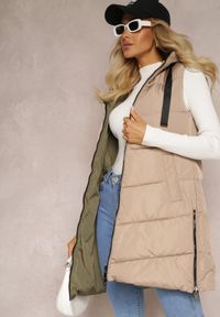 Renee - Beżowa Dwustronna Kamizelka Pikowana Miames. Okazja: na co dzień. Kolor: beżowy. Materiał: jeans, tkanina. Wzór: gładki. Sezon: zima, jesień. Styl: sportowy, casual