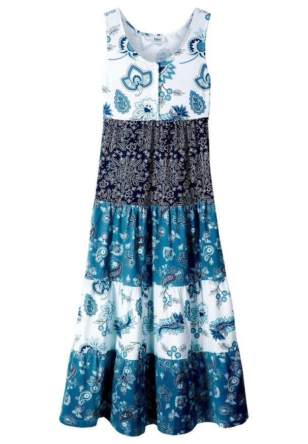 bonprix - Długa sukienka z dżerseju z czystej bawełny organicznej. Kolor: biały. Materiał: jersey, bawełna. Długość rękawa: na ramiączkach. Wzór: nadruk. Długość: maxi