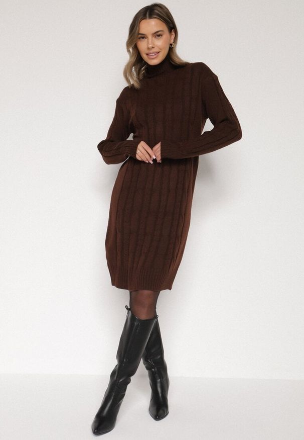 Born2be - Ciemnobrązowa Sweterkowa Sukienka z Golfem Wełną i Bawełną Ozdobiona Splotem Reiania. Okazja: do pracy, na co dzień, na spotkanie biznesowe. Typ kołnierza: golf. Kolor: brązowy. Materiał: wełna, bawełna. Wzór: aplikacja, ze splotem. Typ sukienki: proste. Styl: casual, biznesowy