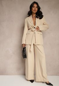 Renee - Beżowe Szerokie Spodnie High Waist o Garniturowym Kroju z Zakładkami Uliadorea. Okazja: na co dzień. Stan: podwyższony. Kolor: beżowy. Styl: klasyczny, elegancki, casual