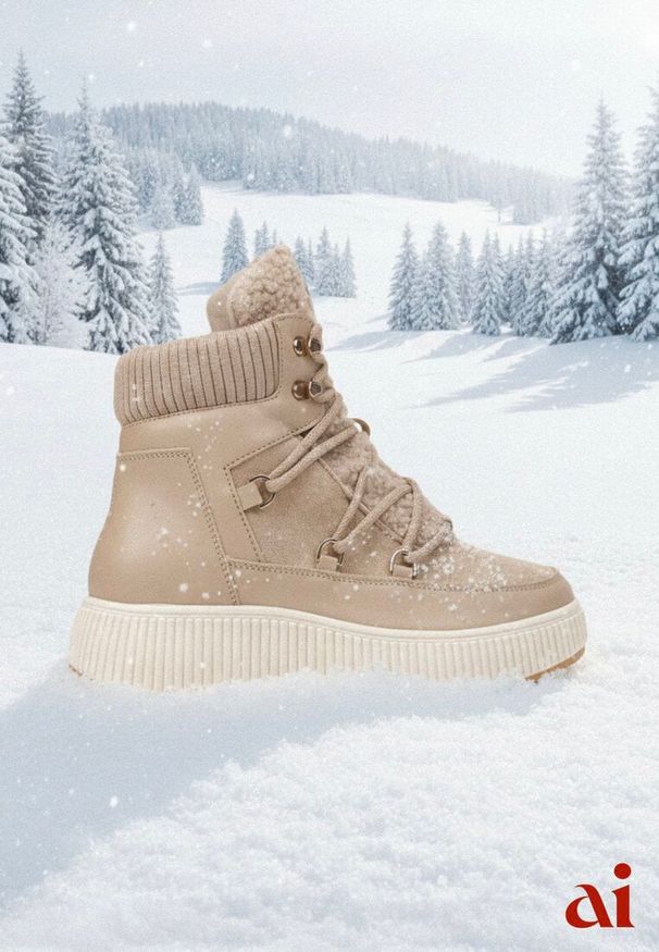 Renee - Ciemnobeżowe Śniegowce Trapery Vices na Płaskiej Podeszwie z Futerkiem w Stylu Baranka ze Sznurowaniem Temirits. Kolor: beżowy. Materiał: futro. Sezon: zima. Obcas: na płaskiej podeszwie. Styl: elegancki