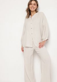 Born2be - Beżowy Muślinowy Komplet z Bawełny o Kroju Oversize Koszula i Szerokie Spodnie Ziselia. Kolor: beżowy. Materiał: bawełna. Wzór: aplikacja