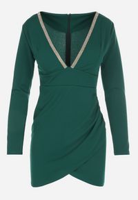 Born2be - Ciemnozielona Sukienka Dopasowana z Cyrkoniami Dennie. Kolor: zielony. Typ sukienki: asymetryczne. Długość: mini #5