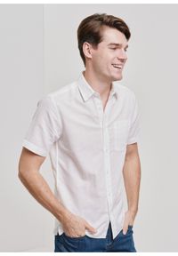 Ochnik - Kremowa koszula z krótkim rękawem męska. Kolor: biały. Materiał: len. Długość rękawa: krótki rękaw. Długość: krótkie. Wzór: aplikacja #1